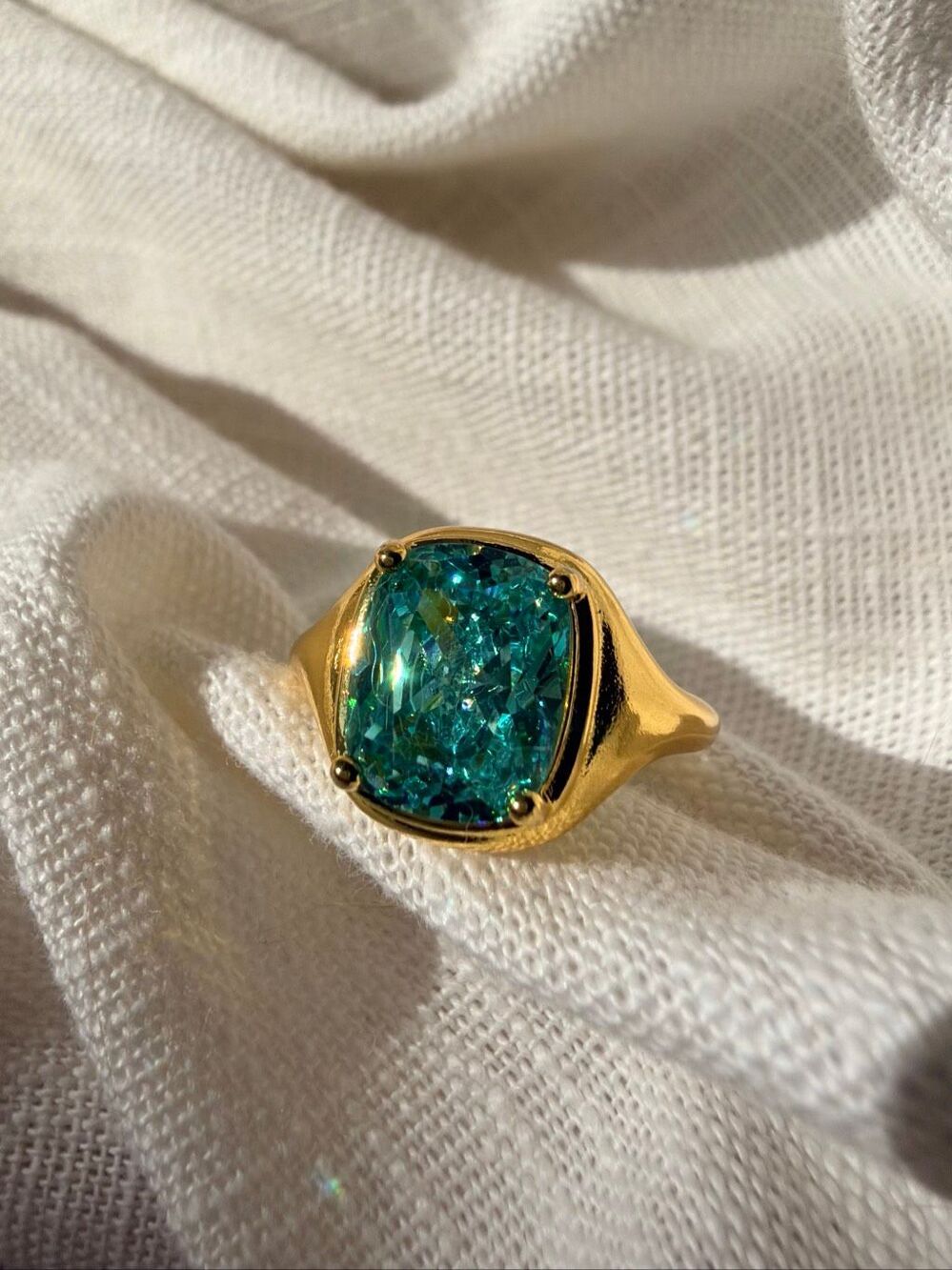 Aqua Blue Cubic Zirconia Cushion Cut Gold Tone Adjustable Statement Ring